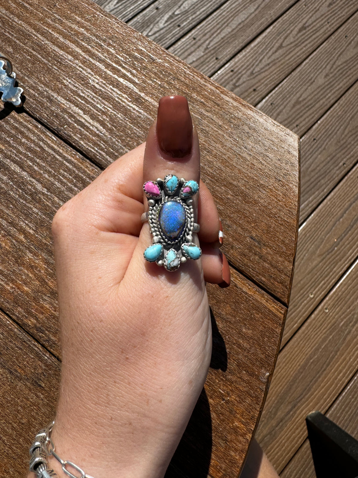 Cotton candy and opal cluster ring adjustable