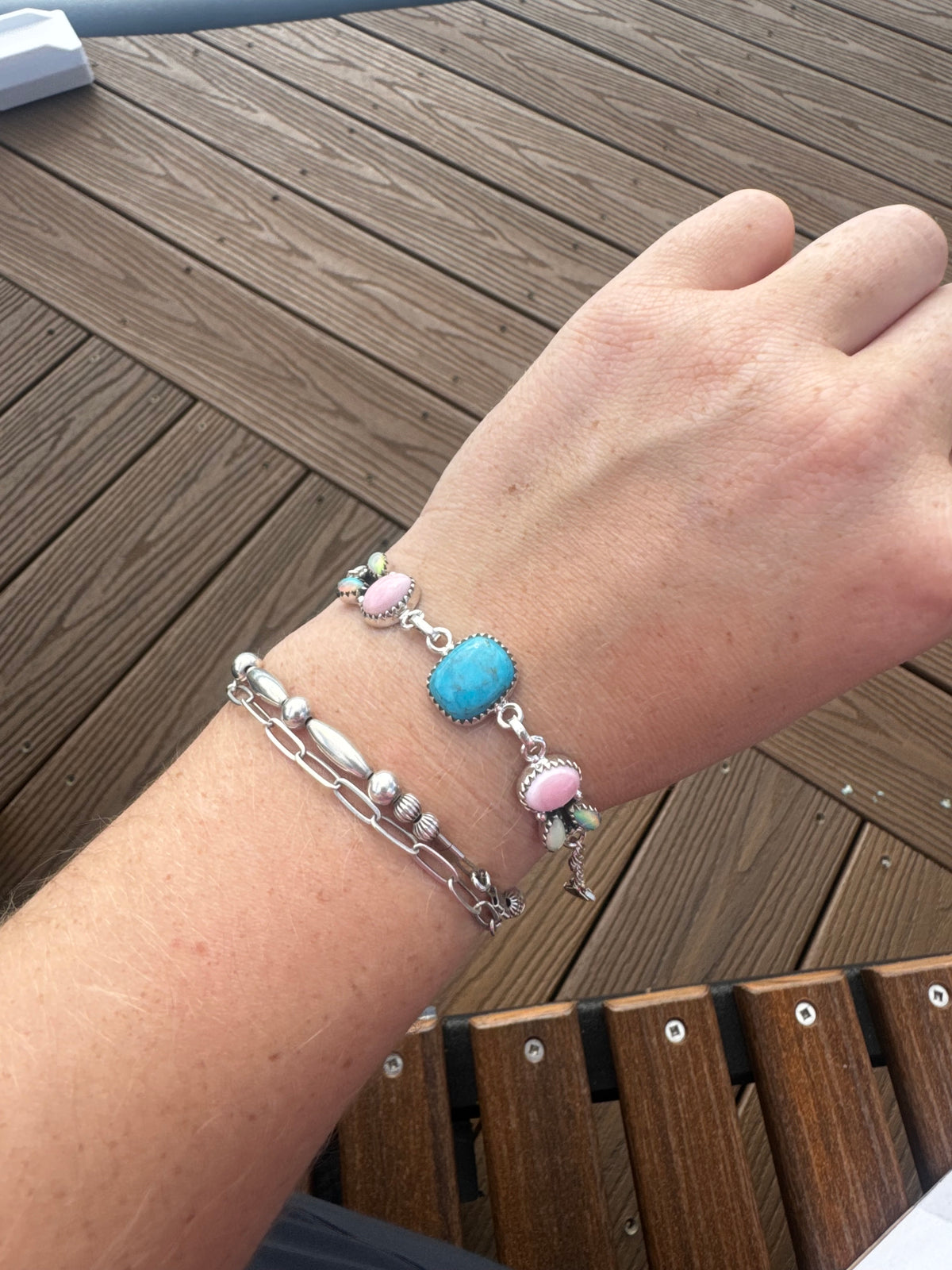 Pink conch turquoise and balloon opal chain bracelet