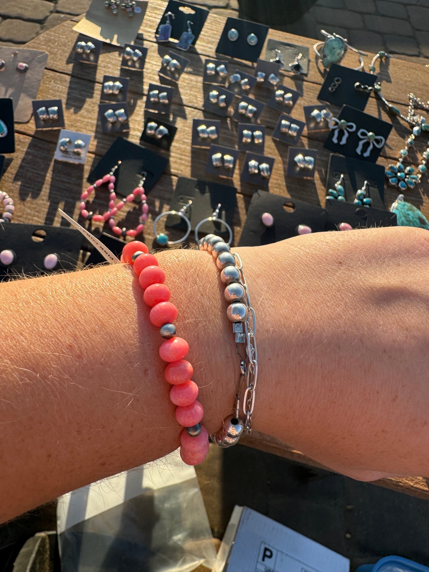 Pink coral and pearl stretch bracelet