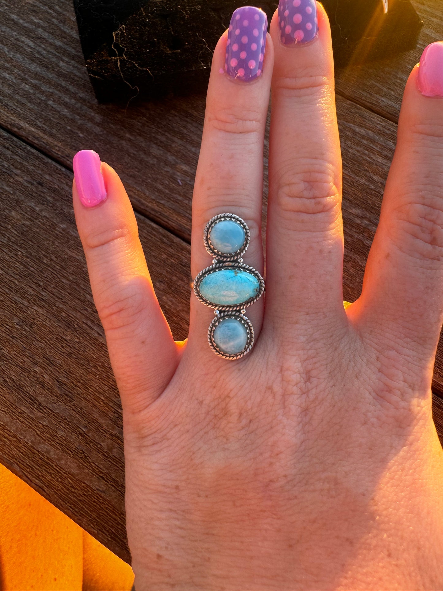 Sz 7 bluebird turquoise and larimar ring