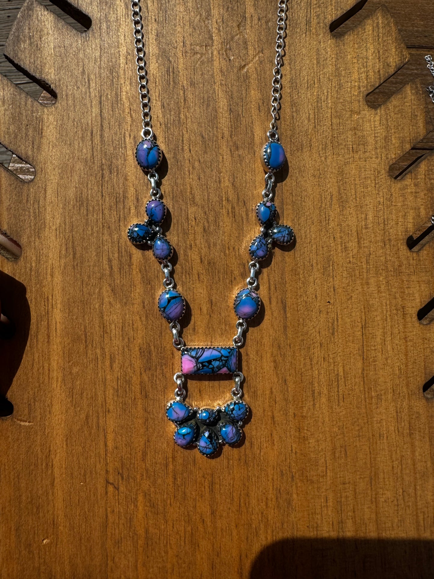 Purple dahlia cluster lariat necklace