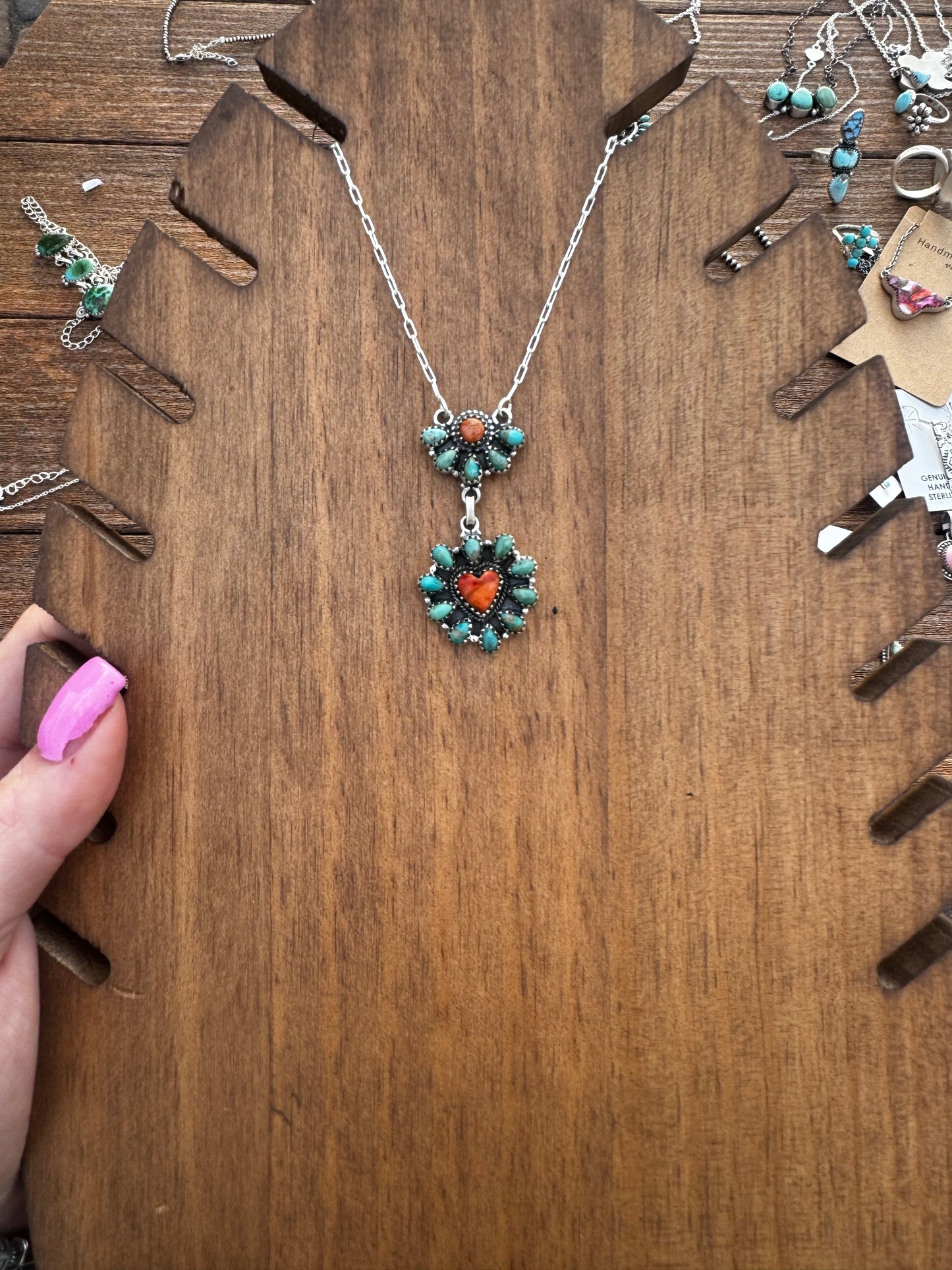 Kingman turquoise and orange Mojave cluster necklace
