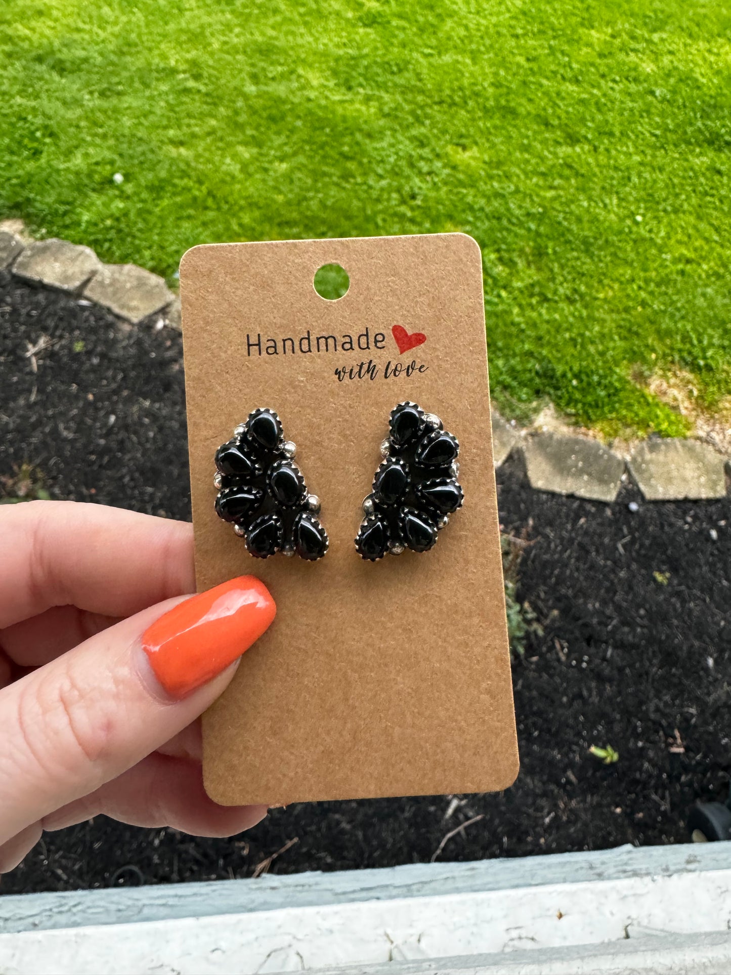 Black onyx half cluster stud earrings
