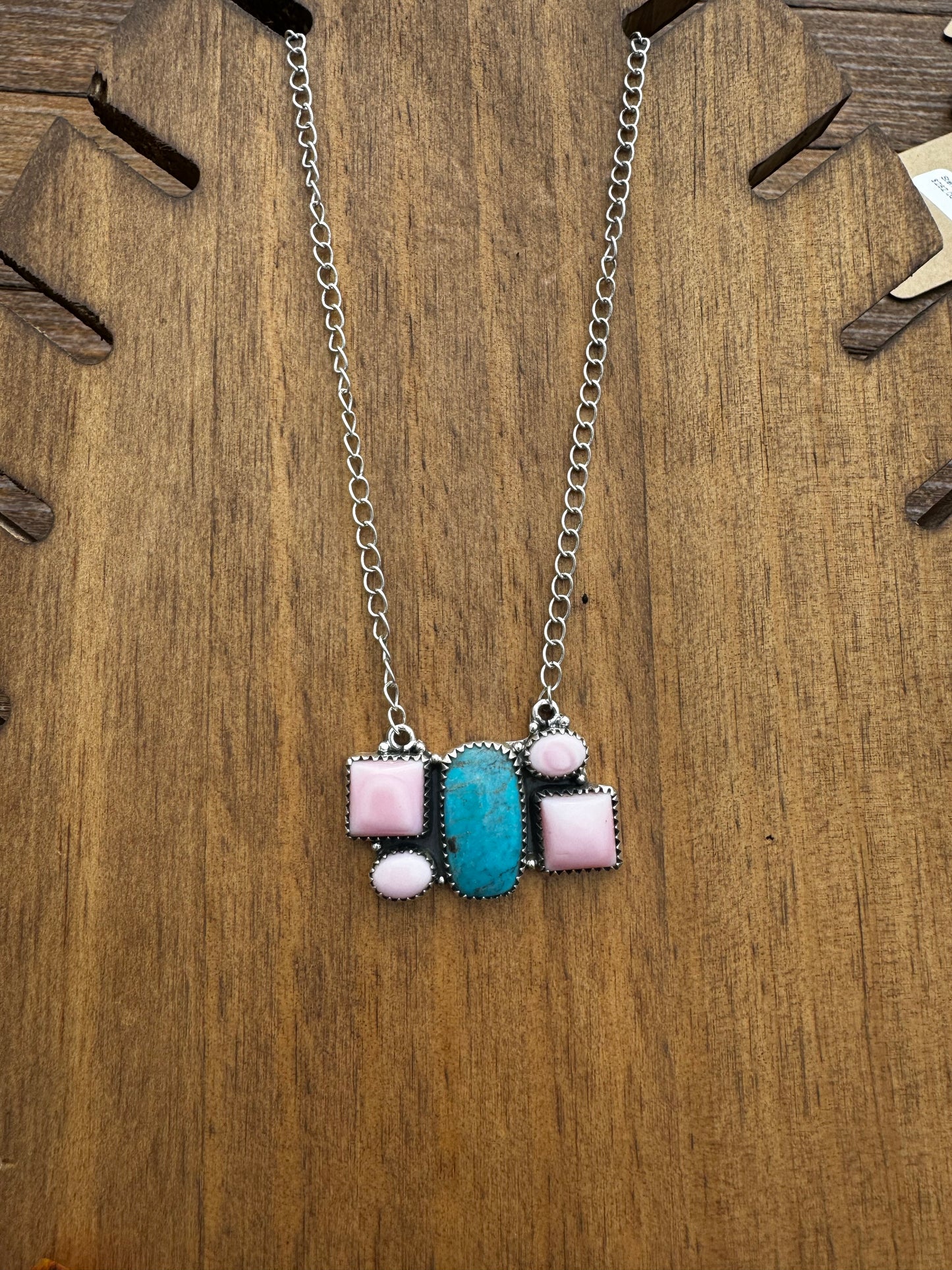 Pink conch and turquoise necklace
