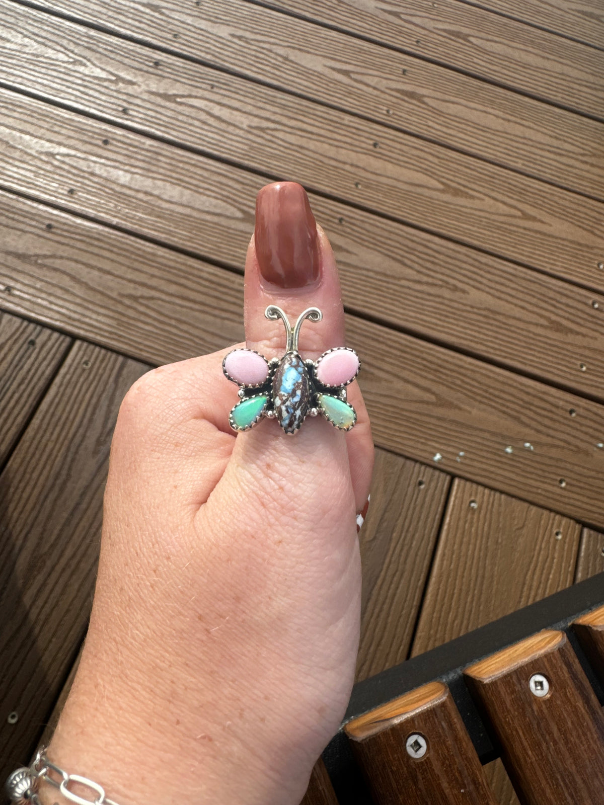 Pink conch golden hills turquoise and balloon opal butterfly adjustable ring