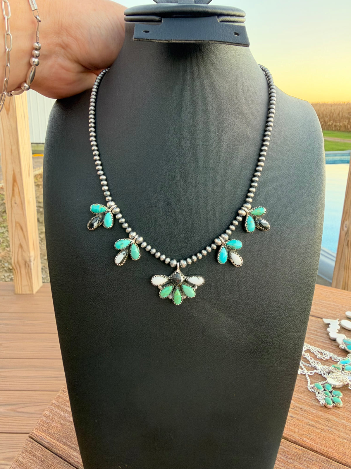 White buffalo and Kingman turquoise on pearls