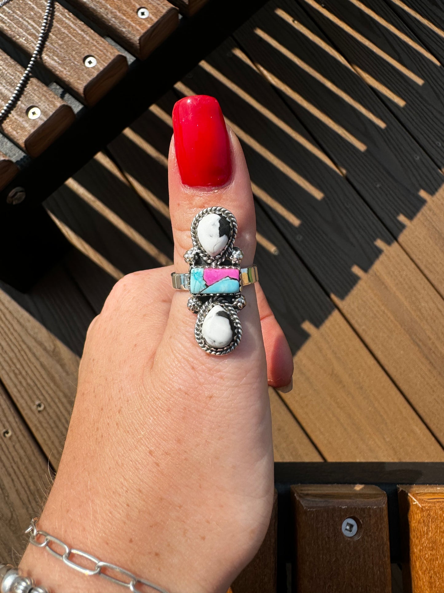 White Buffalo and cotton candy adjustable ring