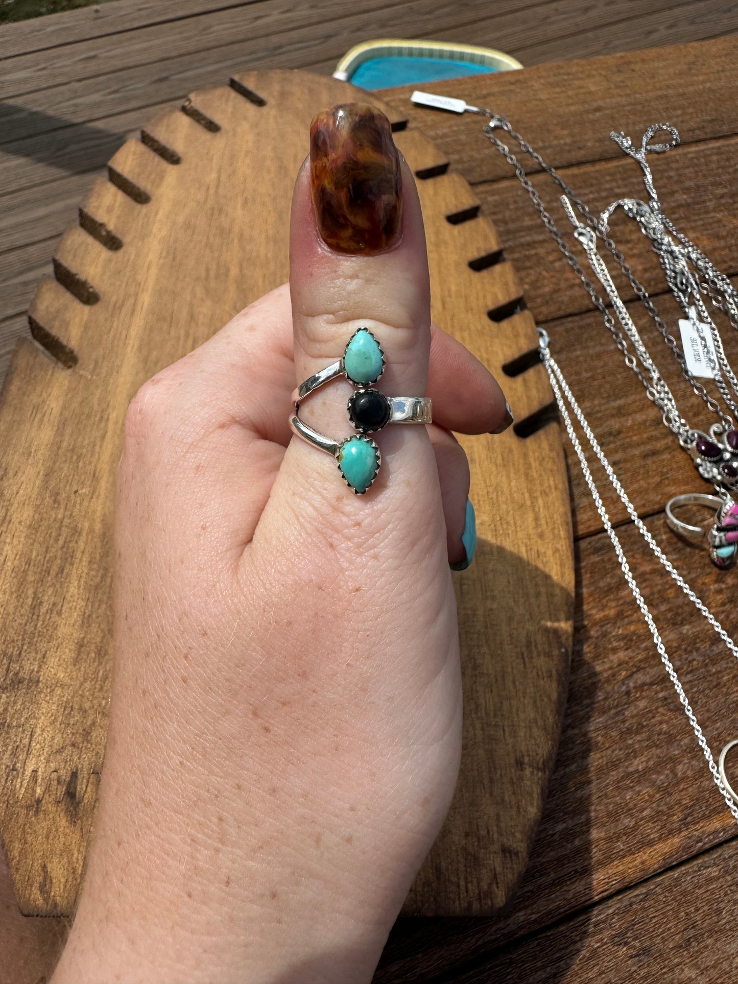 Turquoise and black onyx floater ring