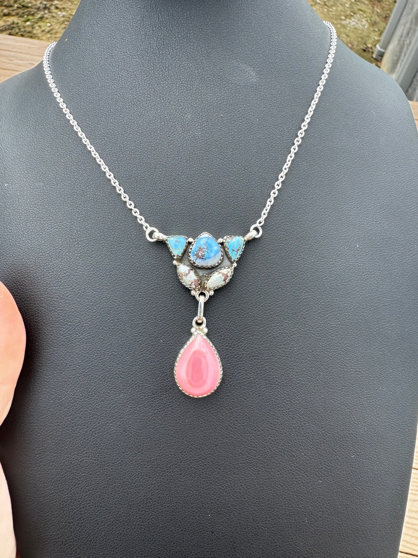 Golden hills turquoise and pink conch drop necklace
