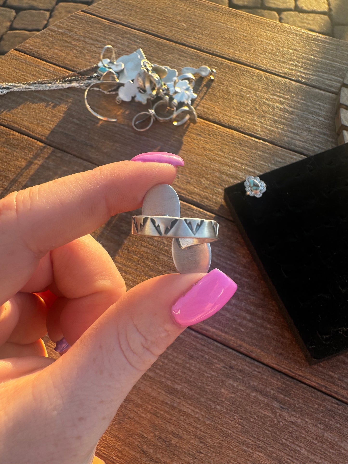 Whitewater turquoise floater ring on adjustable stamped band