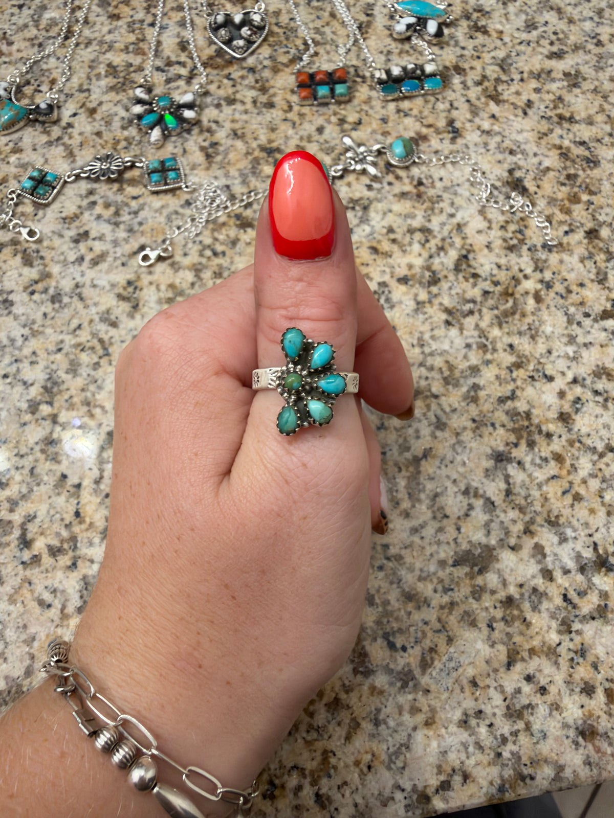 Kingman turquoise half cluster ring on adjustable stamped band