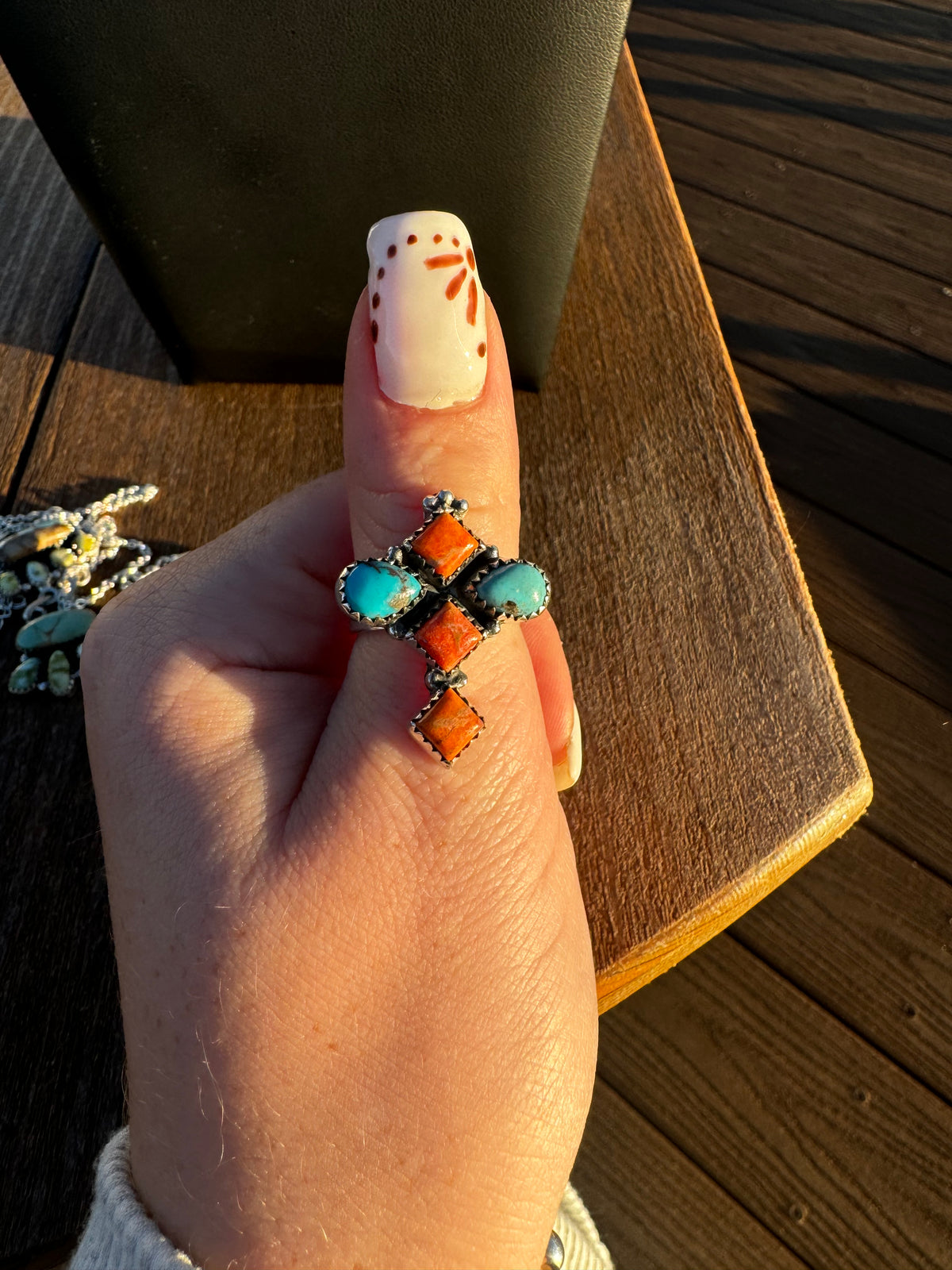 Turquoise and orange Mojave adjustable ring