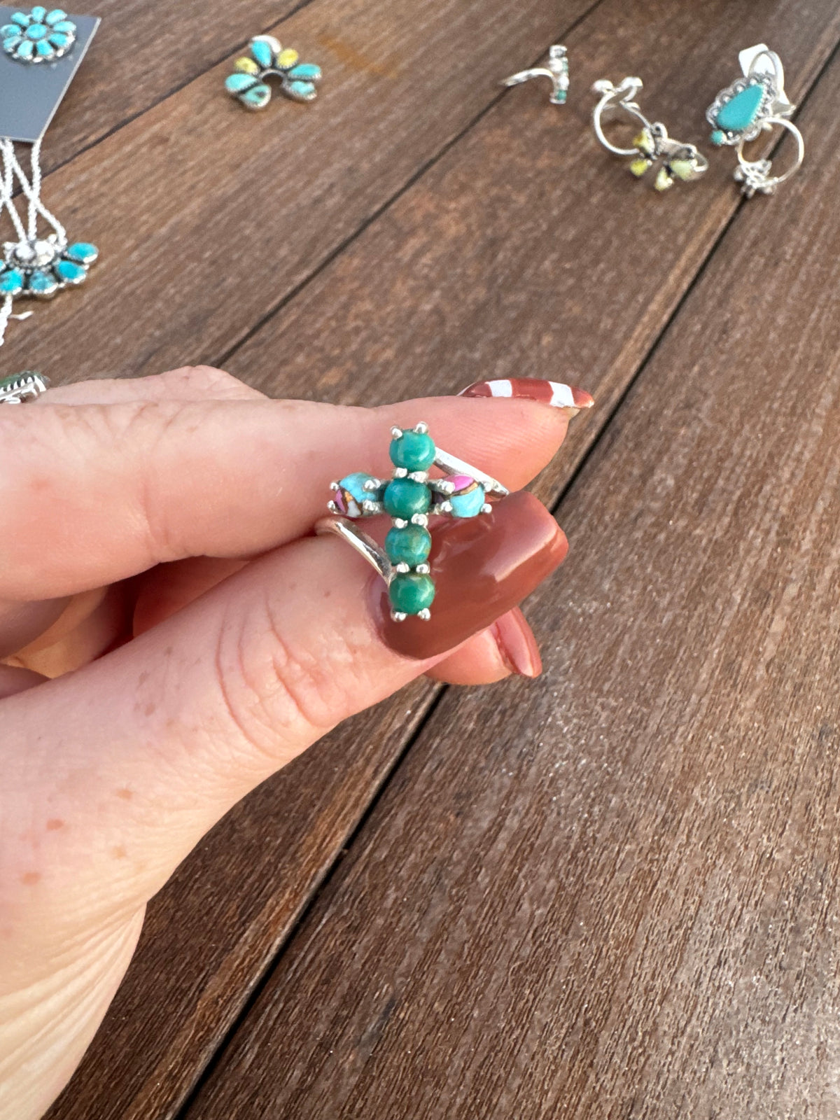 Sz 6 cotton candy and turquoise cross ring