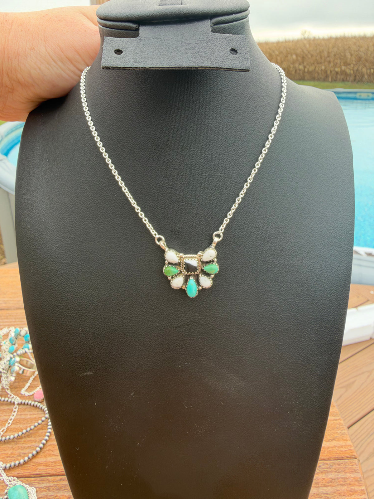 Kingman turquoise and white buffalo cluster necklace