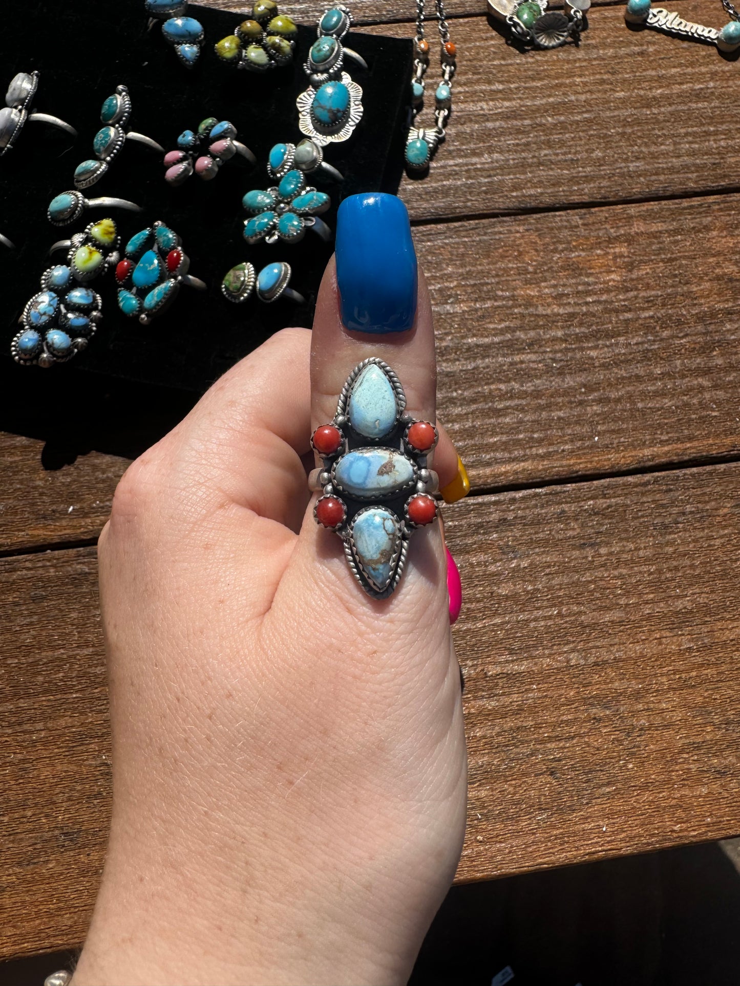 Golden hills turquoise and red coral adjustable ring