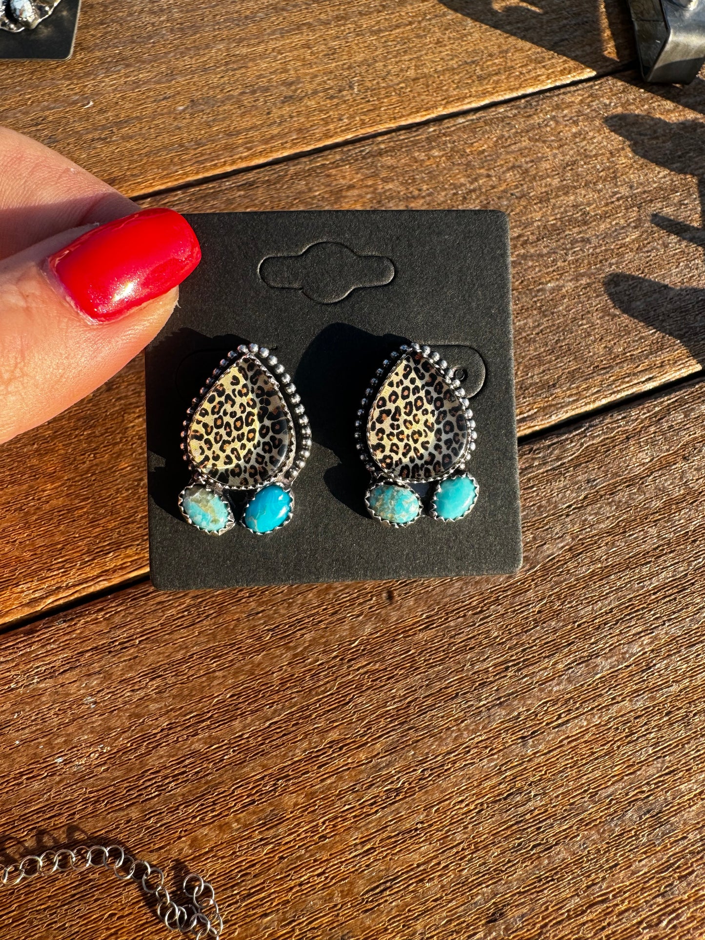Leopard and whitewater turquoise teardrop stud earrings