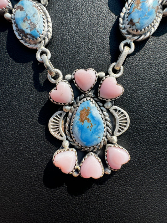 Pink conch and golden hills turquoise lariat necklace