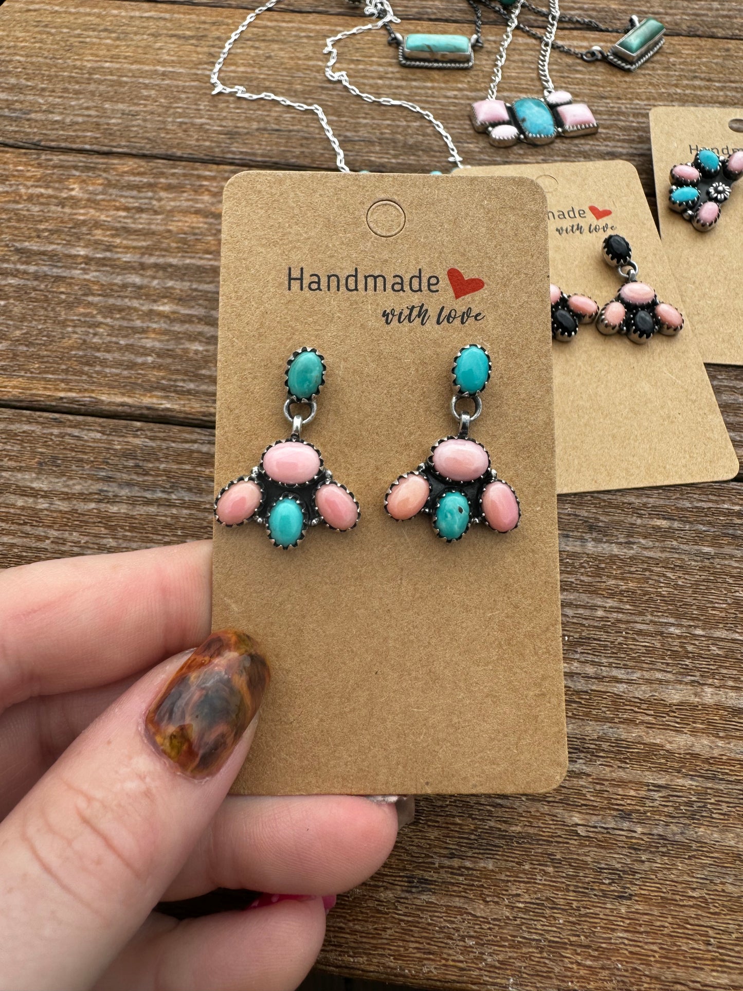 Pink conch and turquoise cluster drop earrings