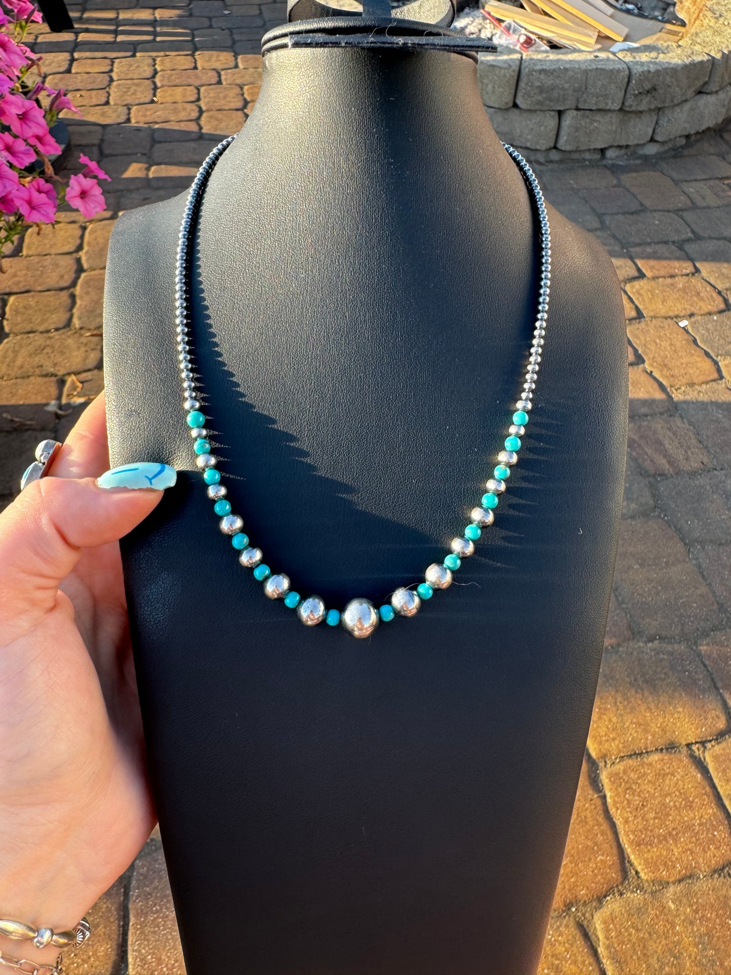 3-10mm graduated pearl and turquoise necklace 18”