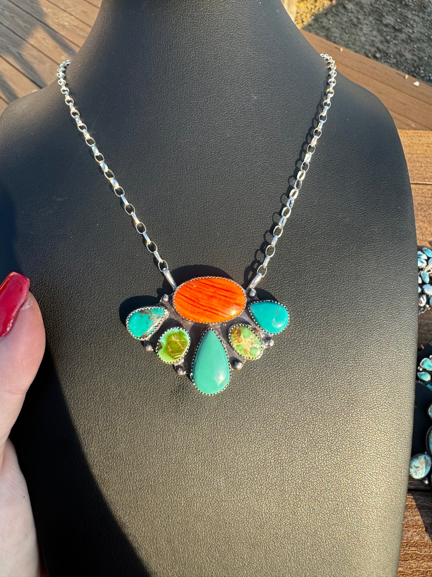 Orange spiny pilot mountain turquoise and Sonoran half cluster necklace