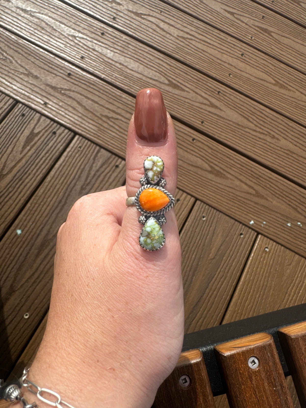 3 stone palomino and orange spiny adjustable ring