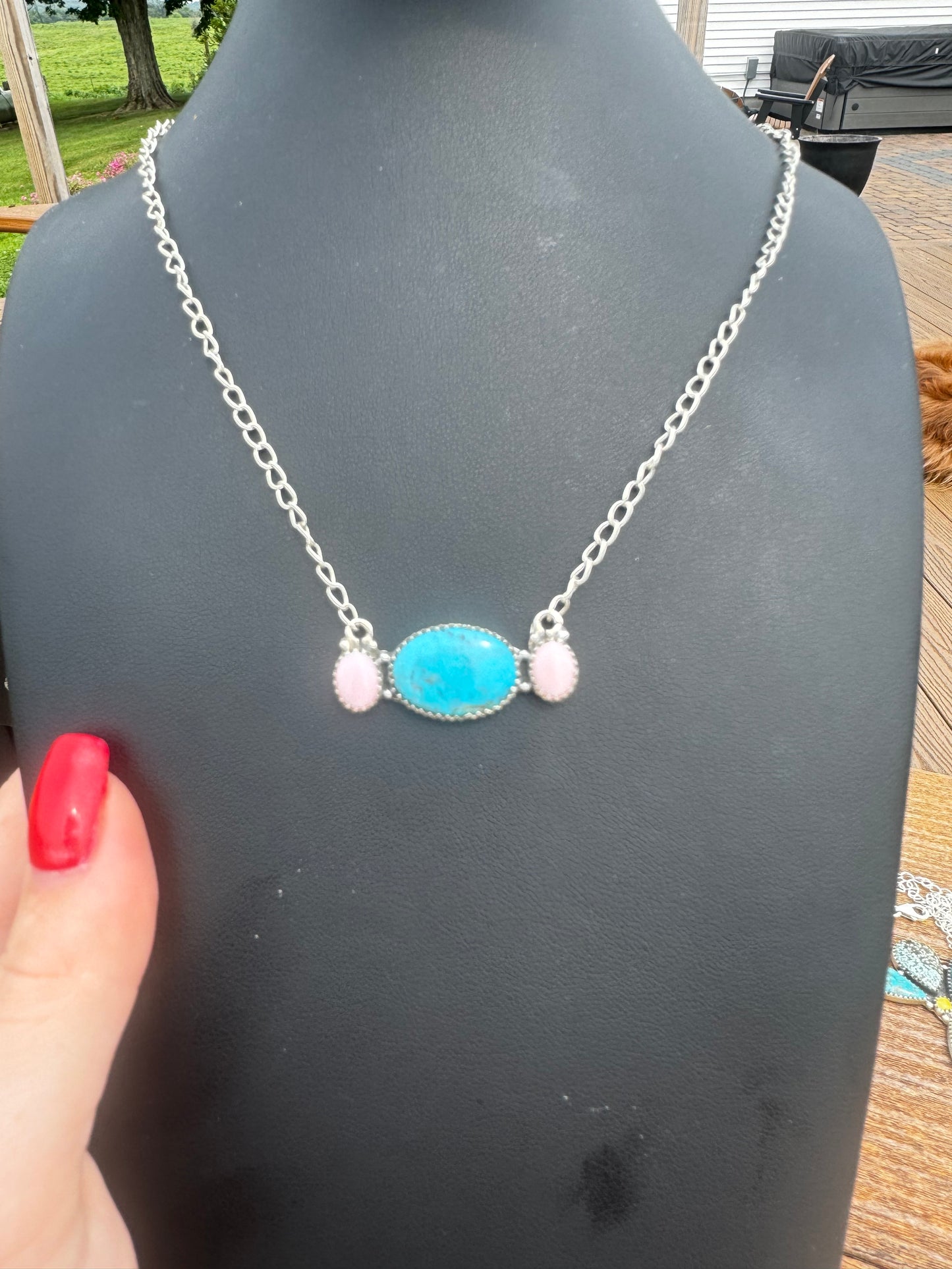 Pink conch and Kingman turquoise necklace