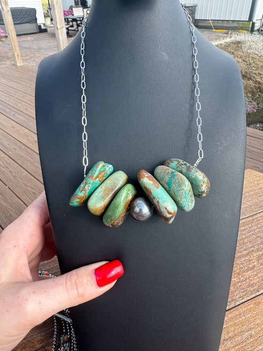 16” chunky turquoise and pearl bar necklace
