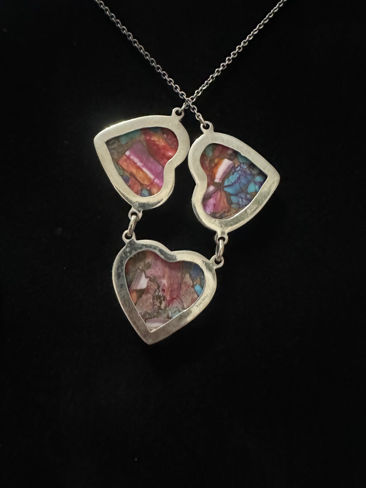 Pink dahlia 3 stone heart necklace