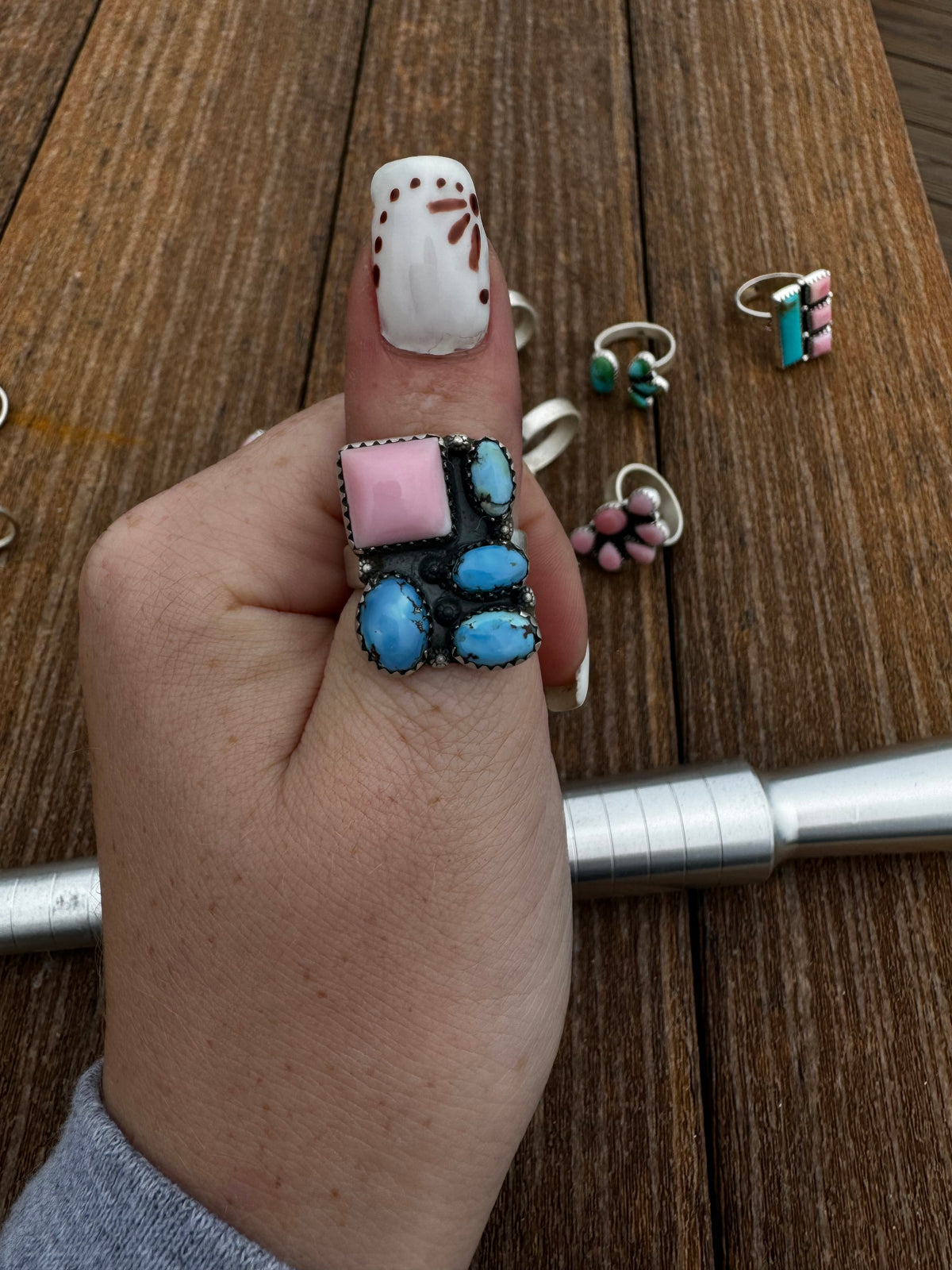 Pink conch and golden hills turquoise adjustable ring