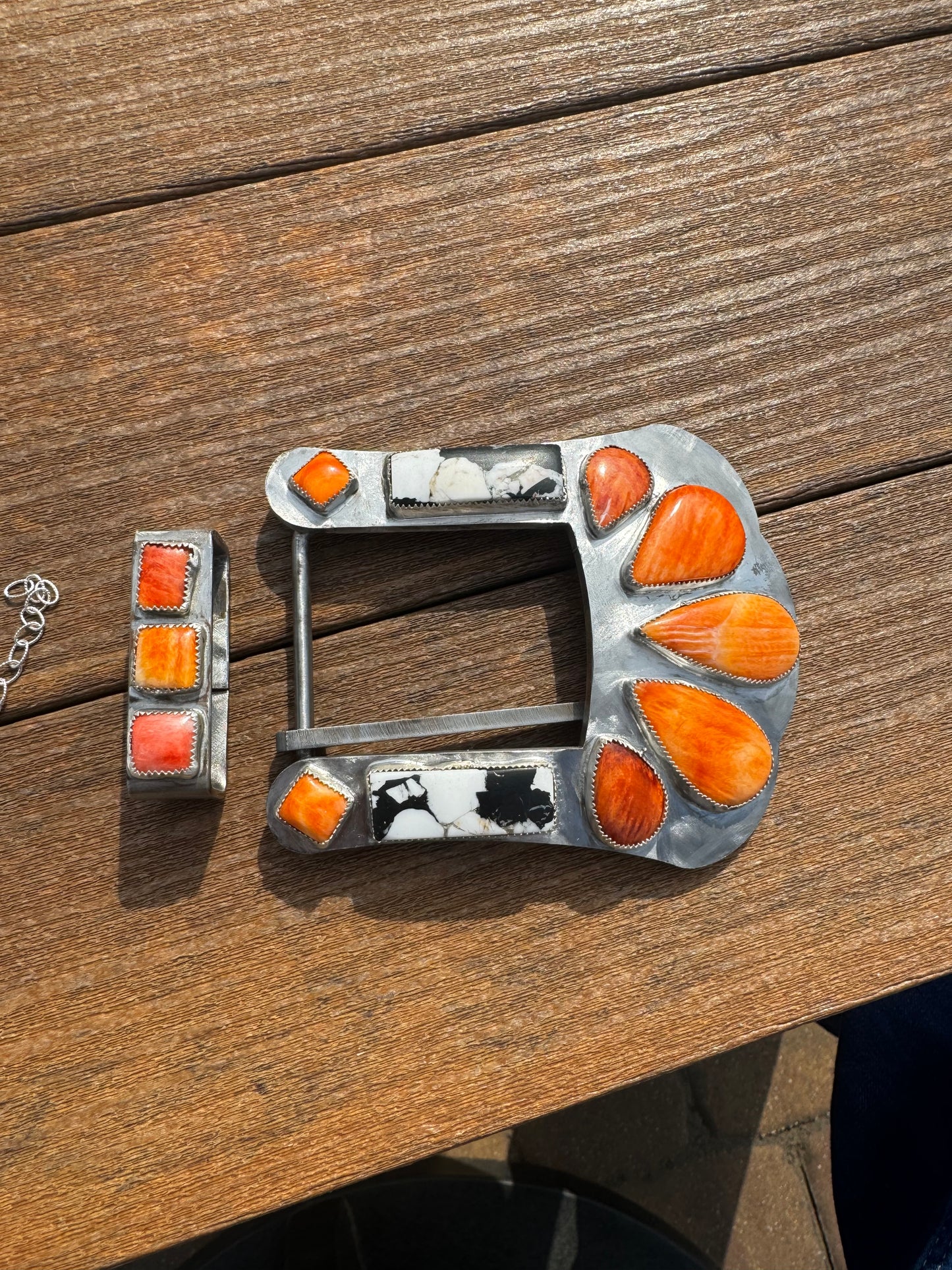 Orange spiny and white buffalo belt buckle