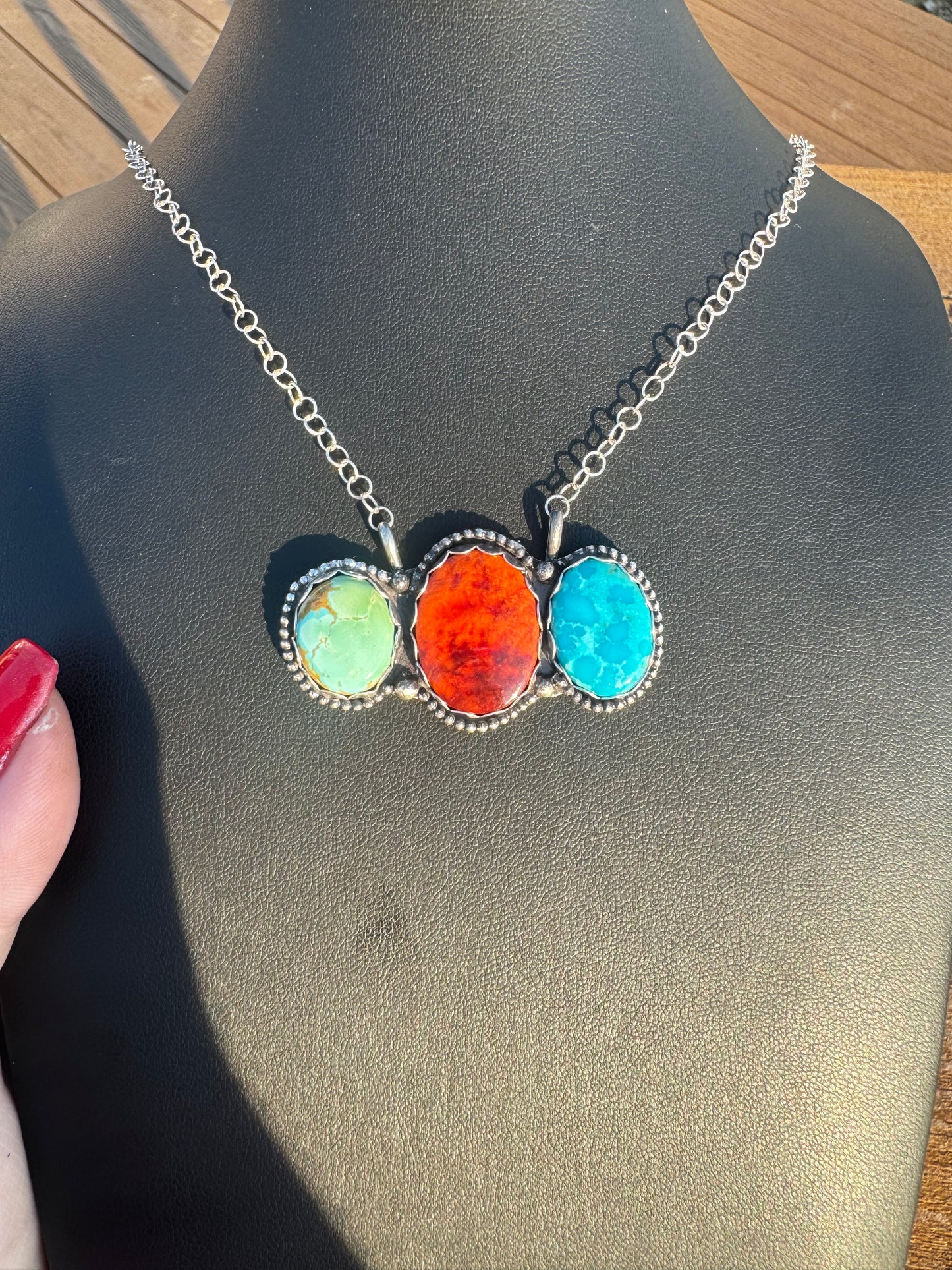 Orange spiny and Royston turquoise bar necklace