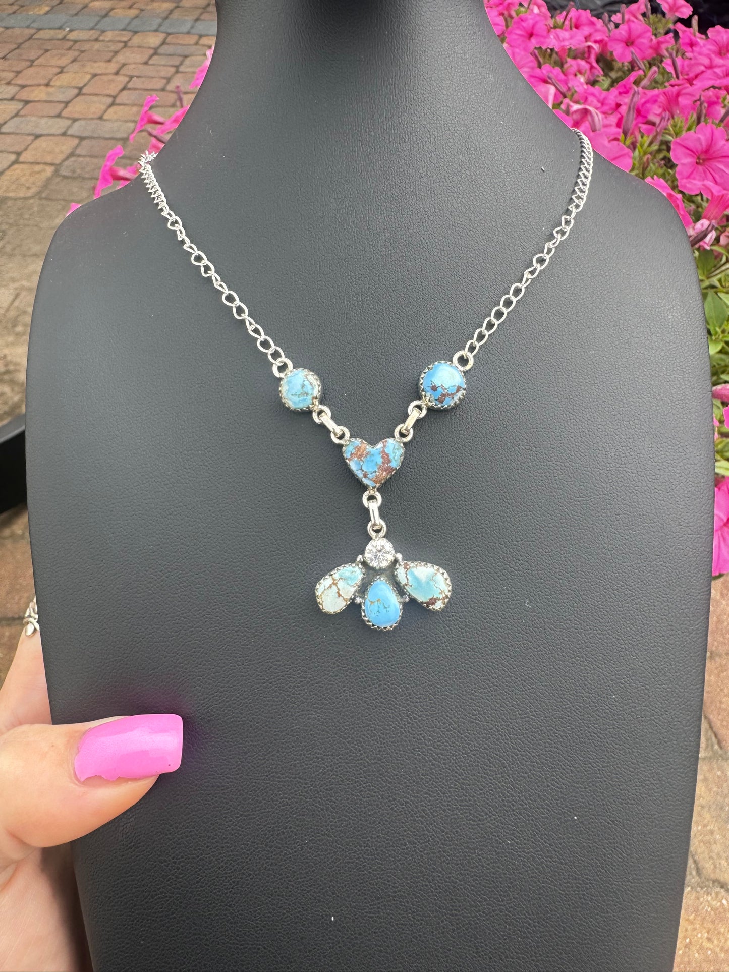Golden hills turquoise and moissanite lariat necklace