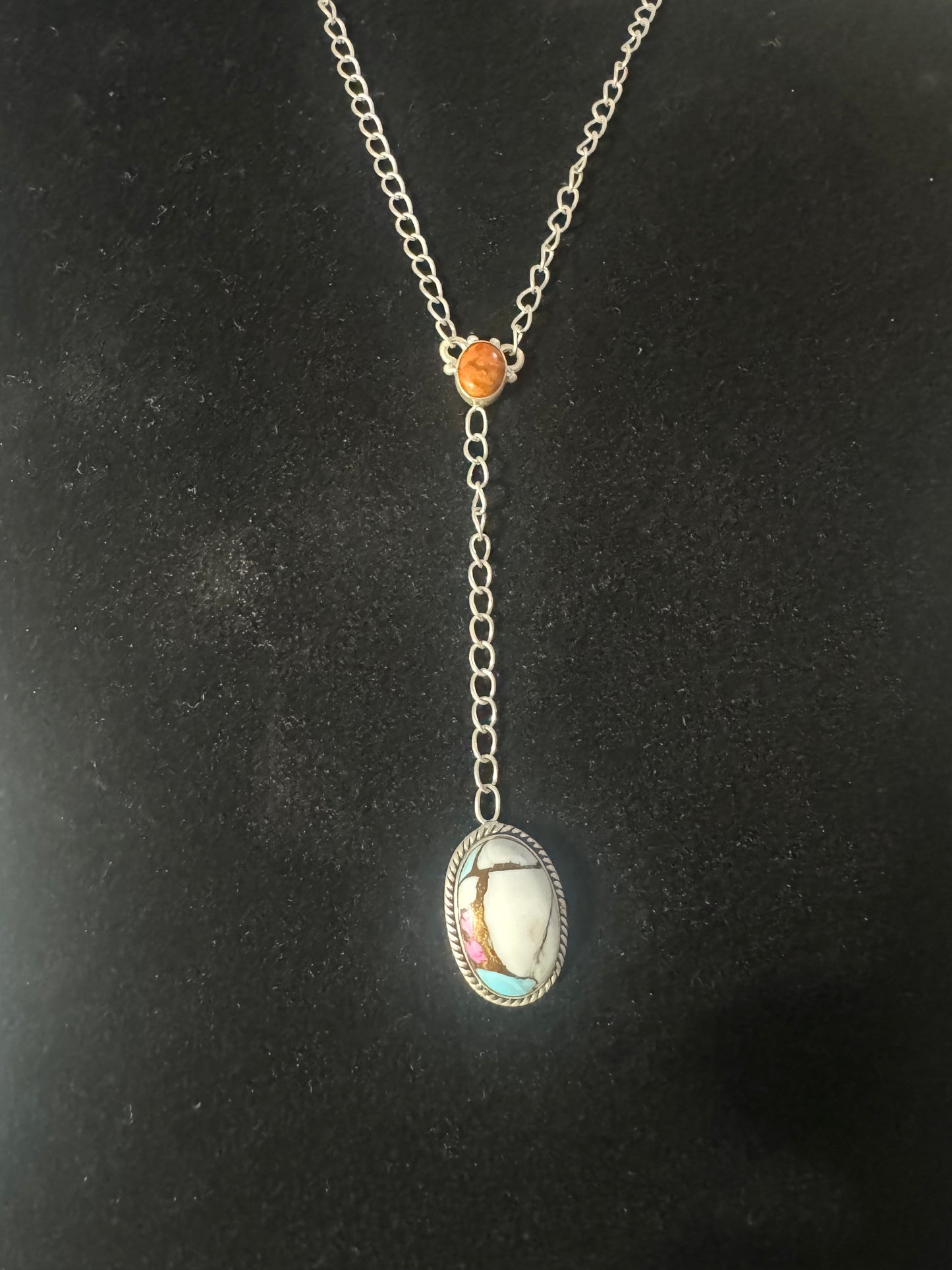 Orange Mojave and cotton candy lariat necklace