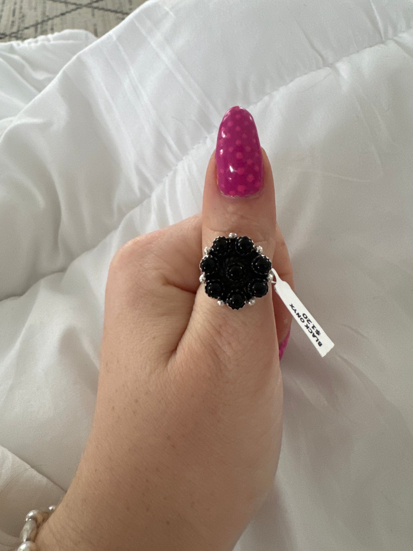 Black onyx flower adjustable ring
