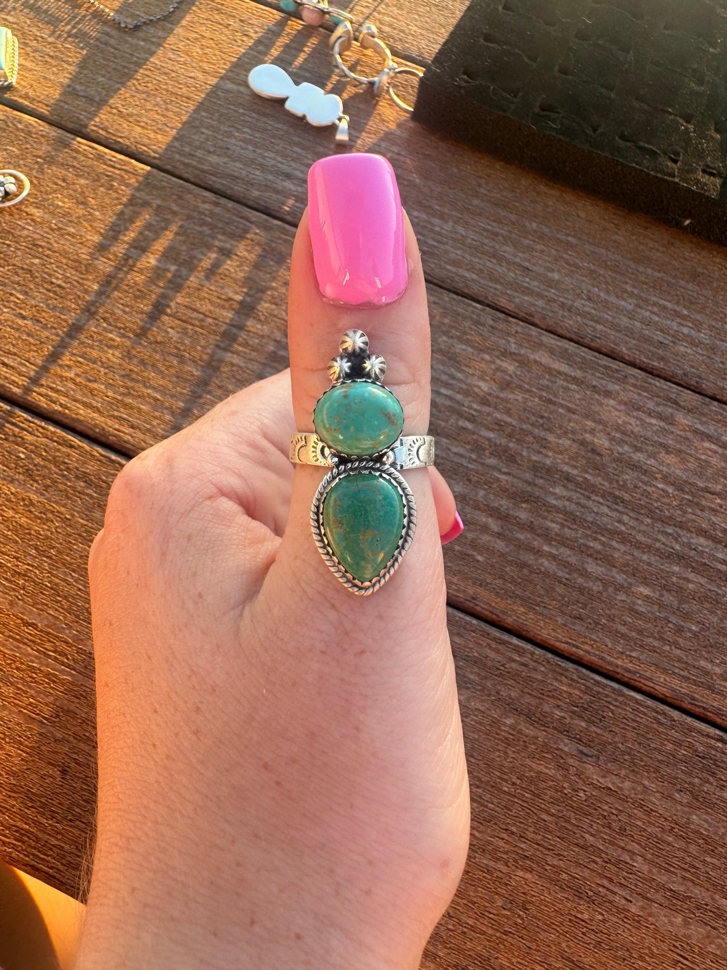 Hachita turquoise two stone ring on adjustable stamped band