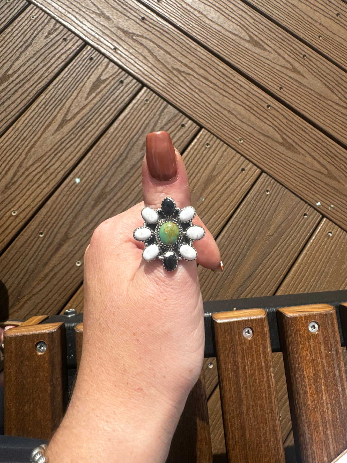 White Buffalo and turquoise adjustable cluster ring