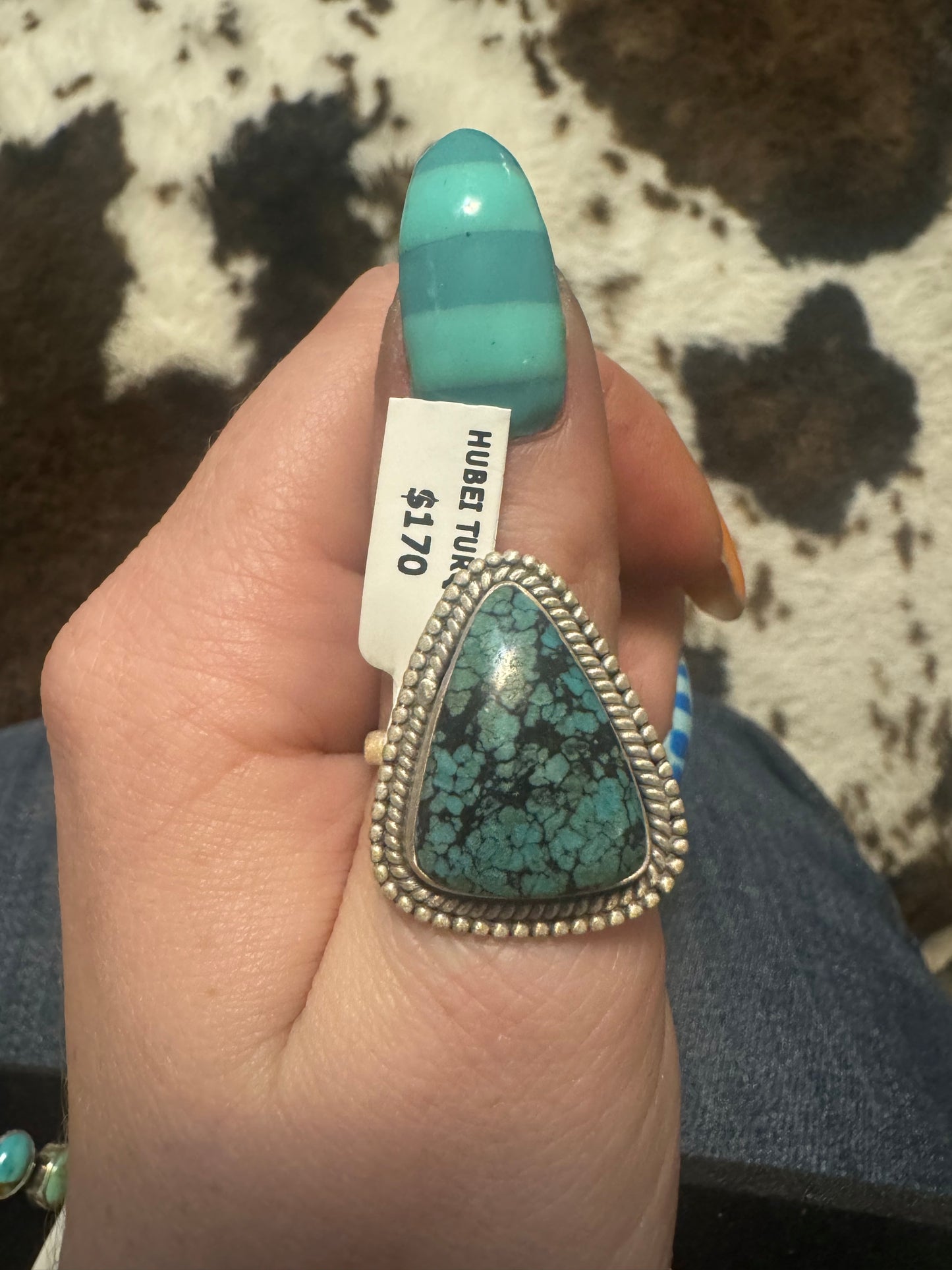 Hubei turquoise teardrop with silver work adjustable ring