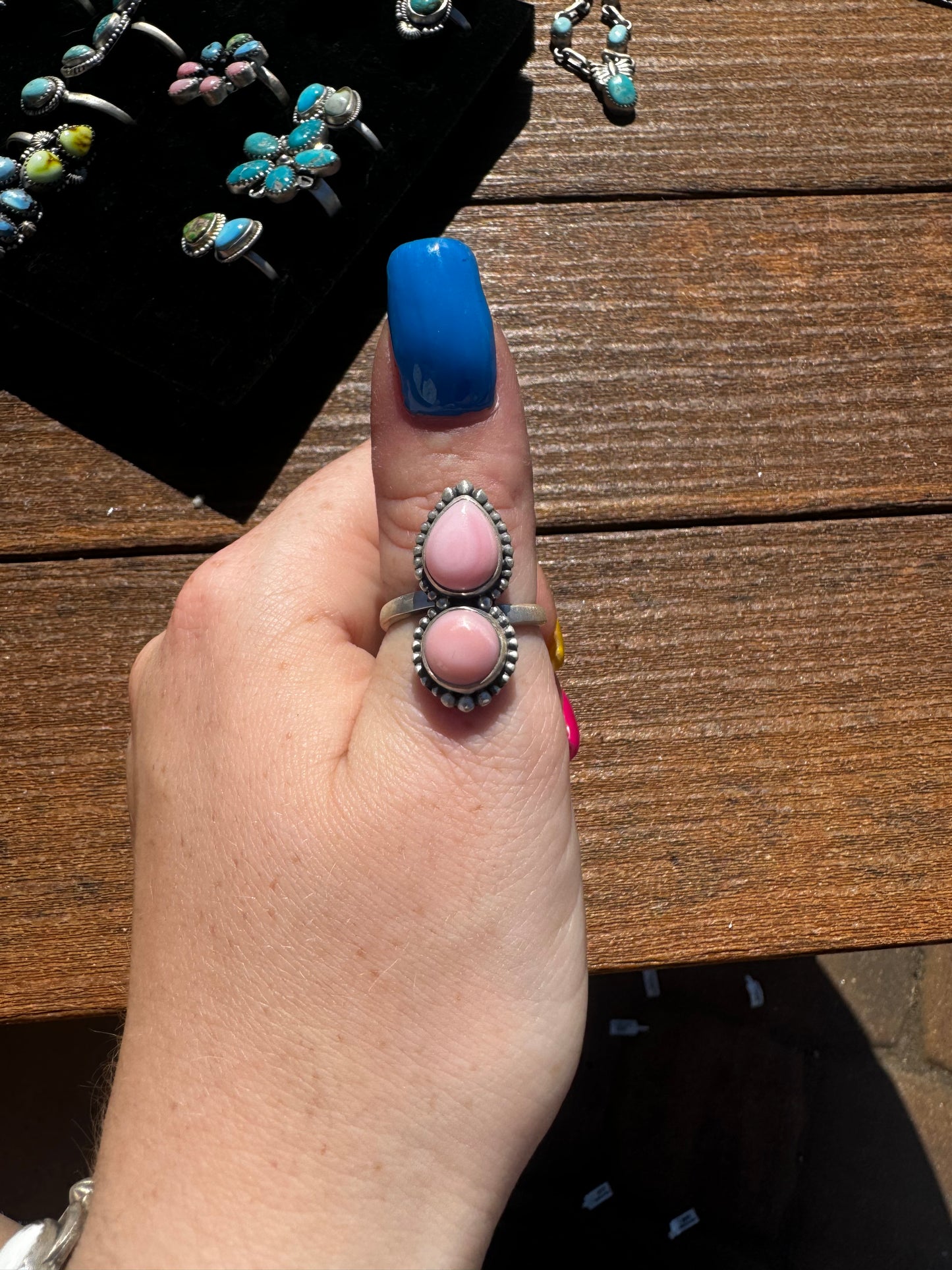 Two stone pink conch adjustable ring