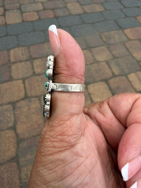 Kingman turquoise and white buffalo cluster ring on adjustable stamped band