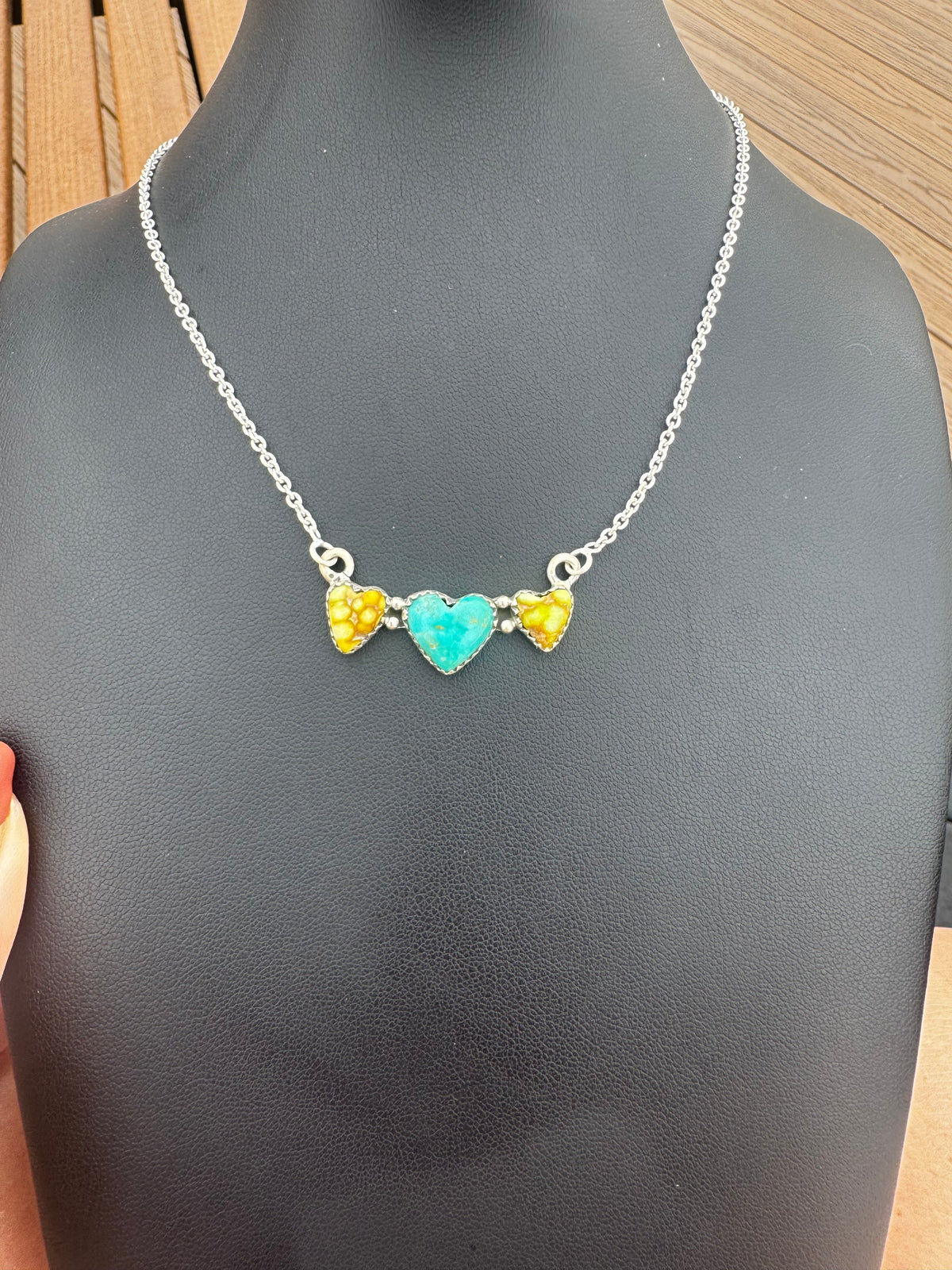 Palomino and Kingman turquoise heart bar necklace