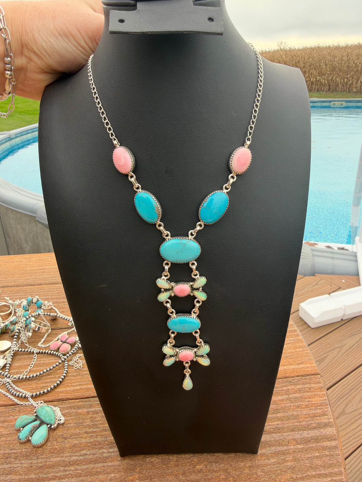 Morenci turquoise pink conch and opal lariat necklace