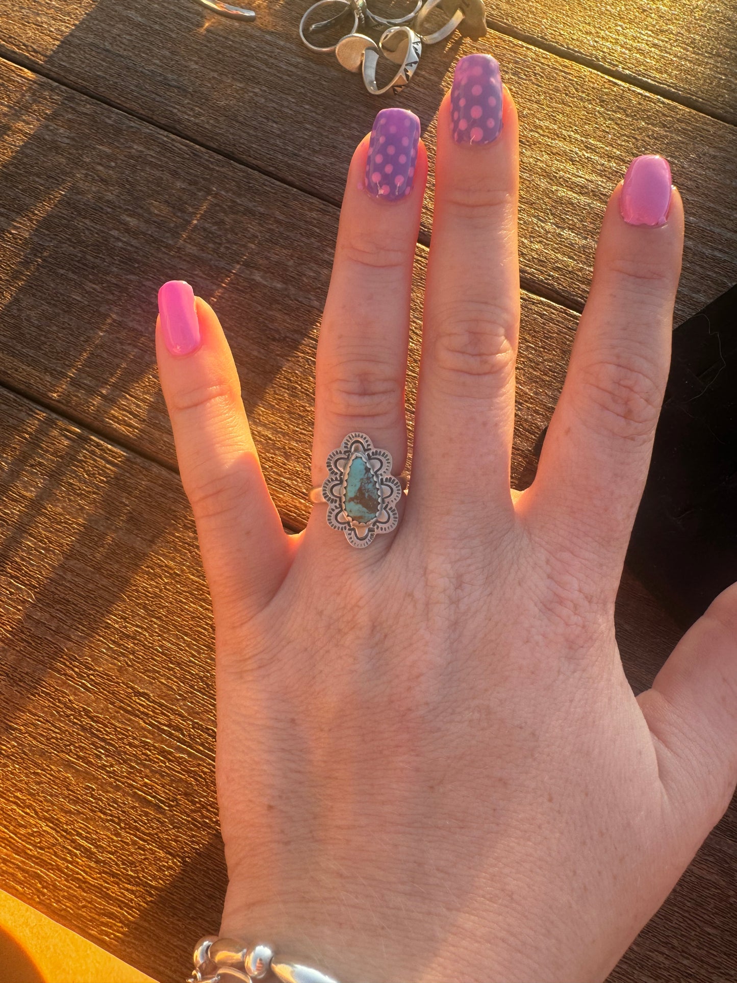 Sz 7 Royston turquoise ring with stampwork