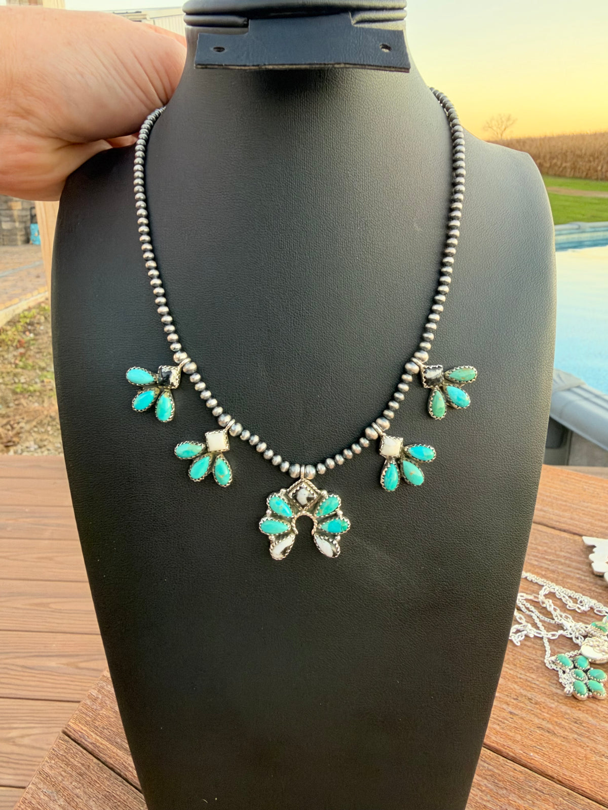 White buffalo and Kingman turquoise necklace on pearls