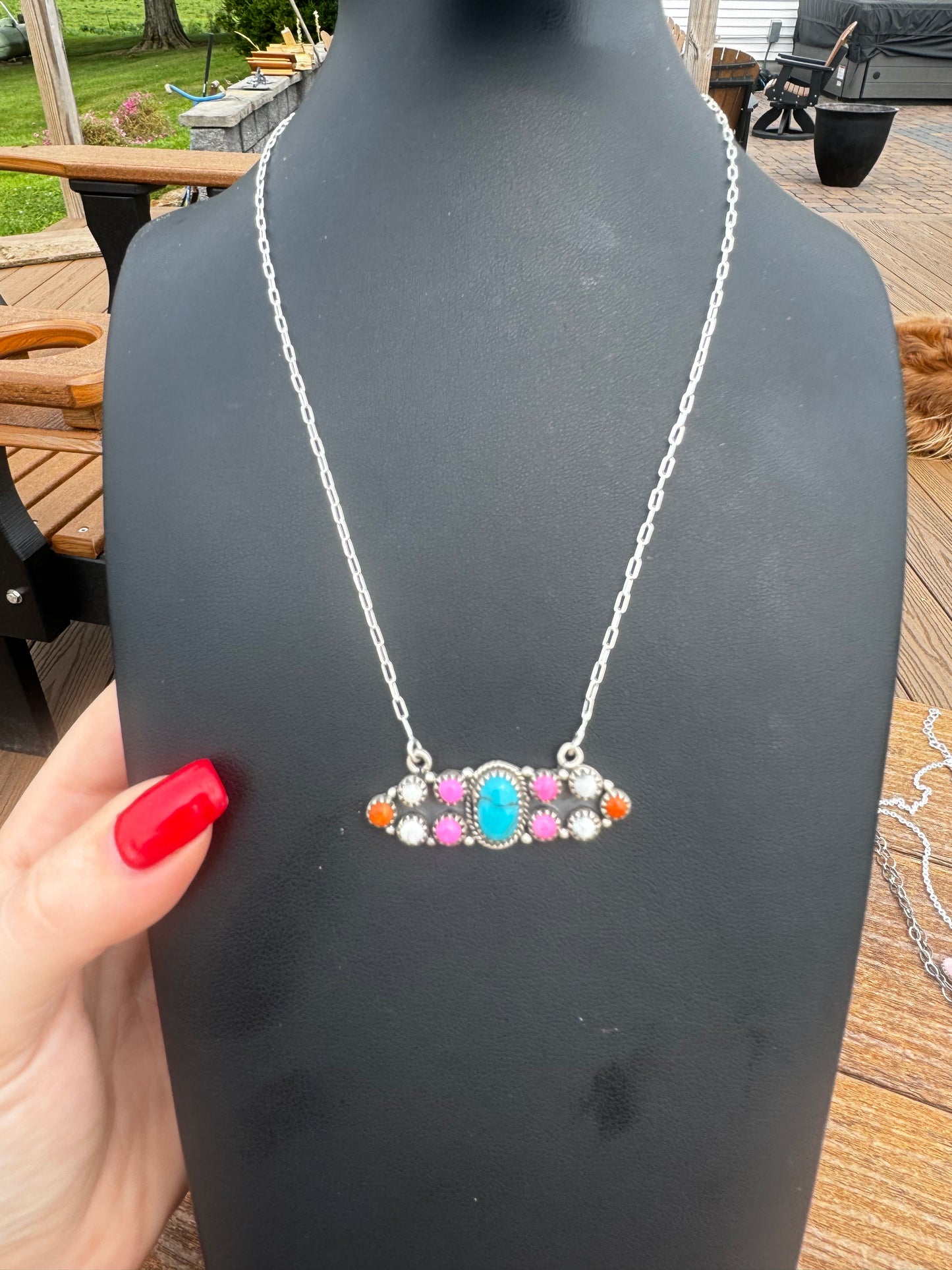 Kingman turquoise cotton candy white buffalo and orange Mojave cluster bar necklace