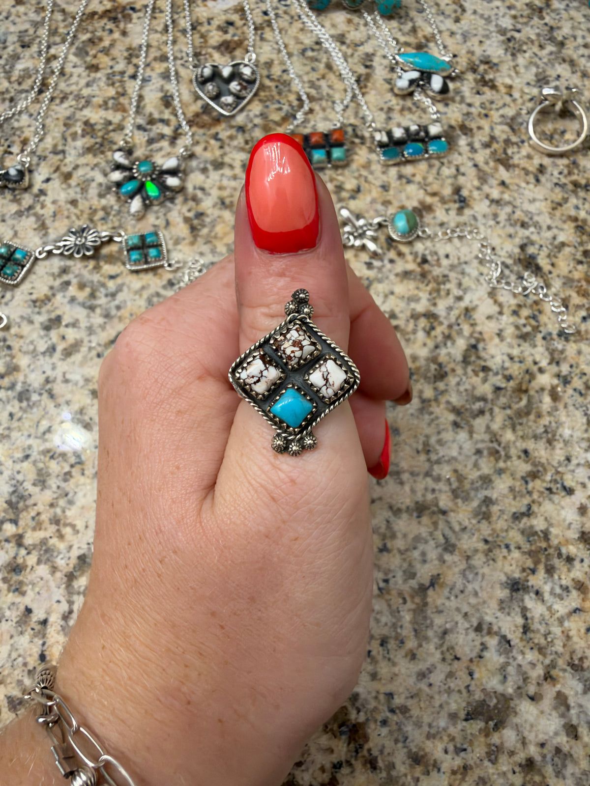 Wild horse and blue bird turquoise adjustable ring