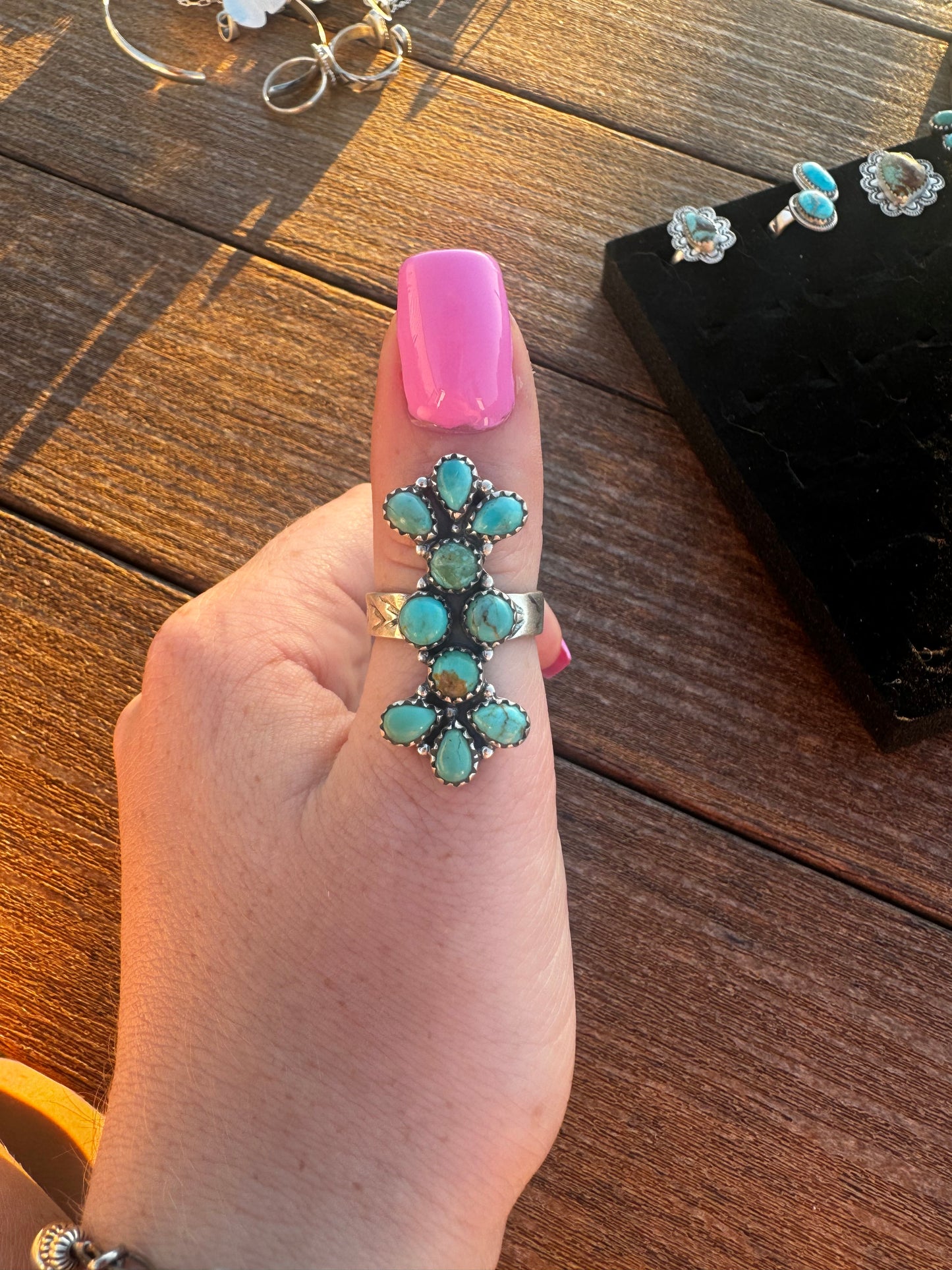 Kingman turquoise crawler ring on adjustable stamped band