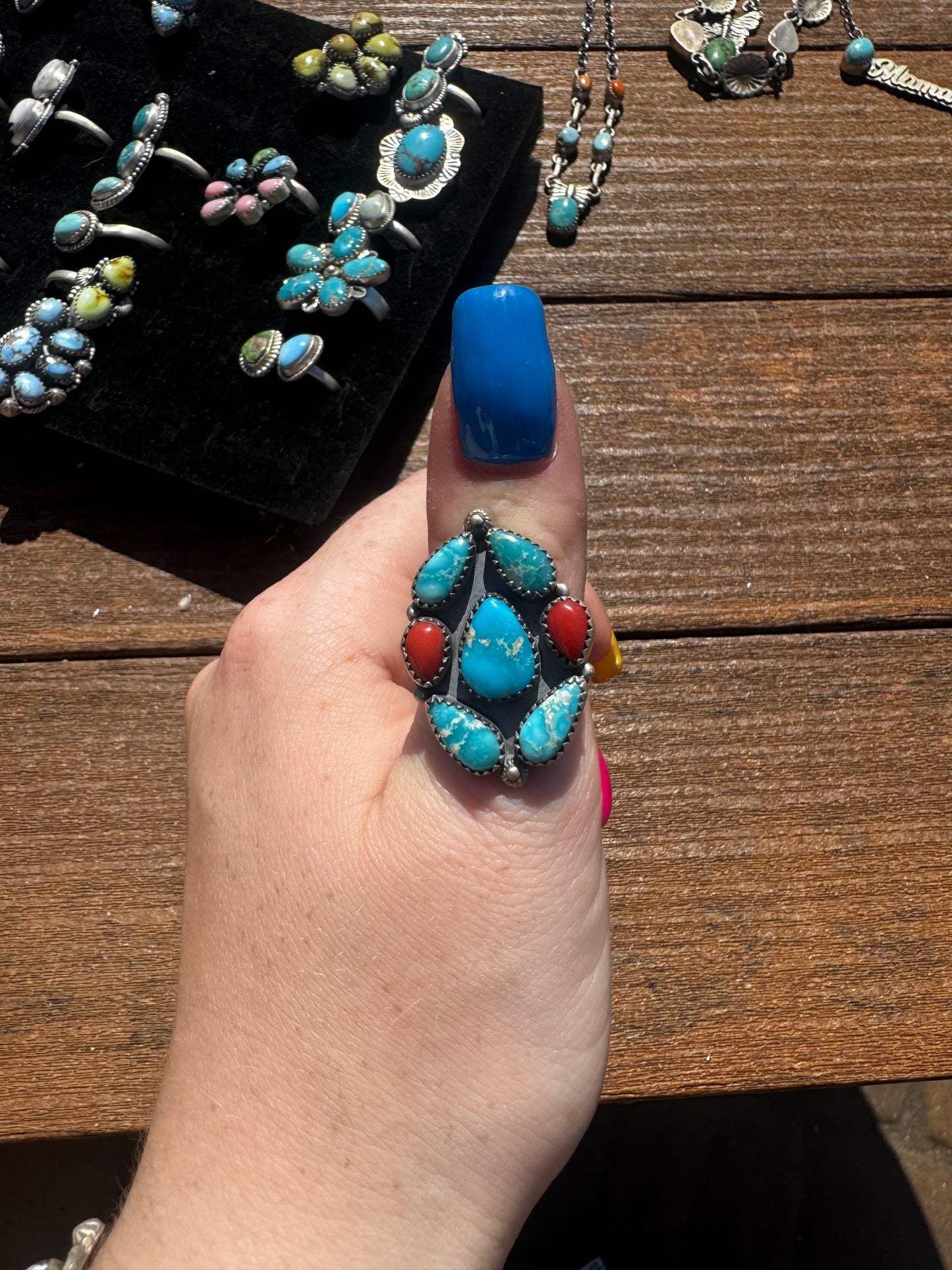 Whitewater turquoise and red coral adjustable ring