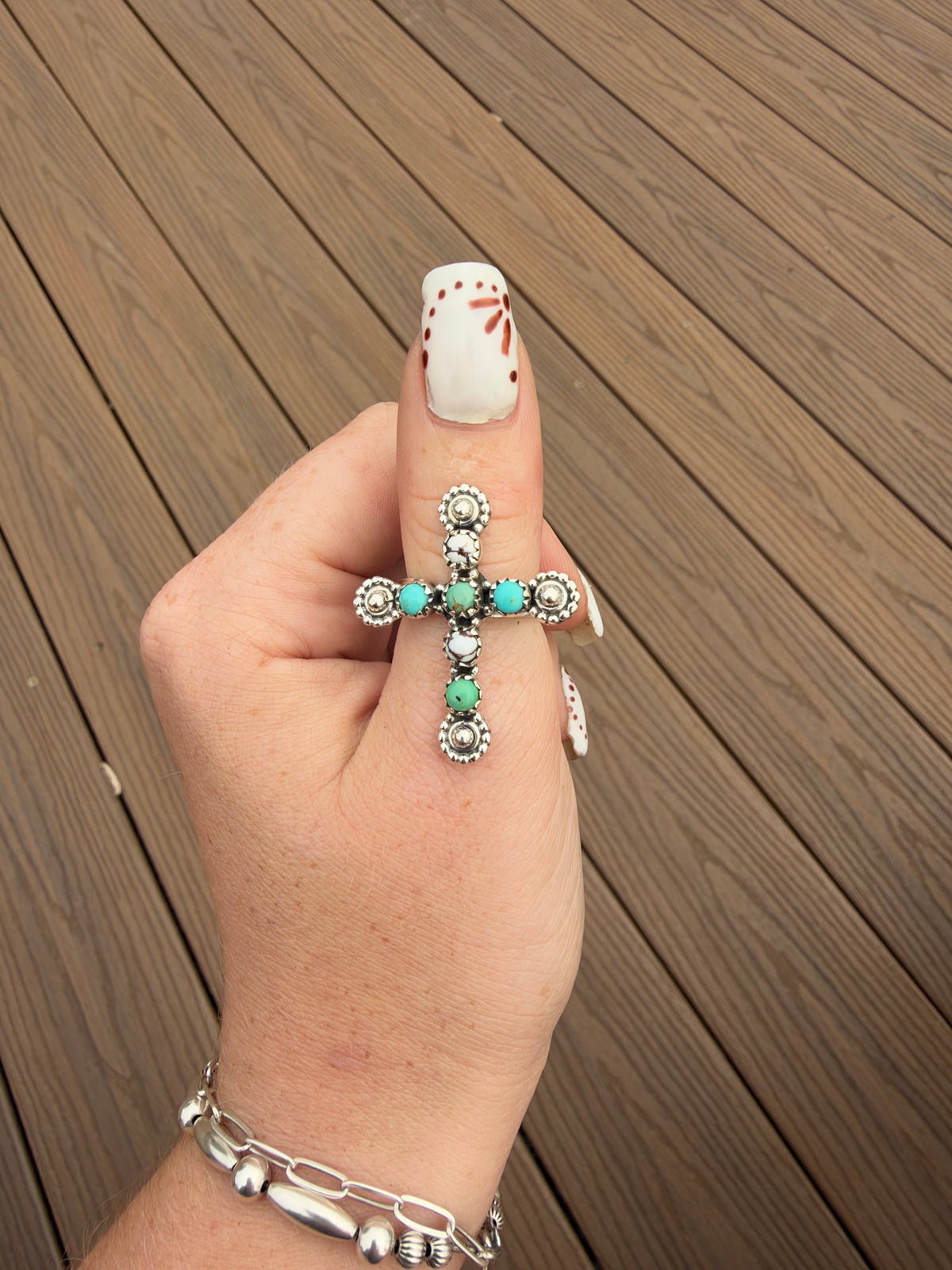 Turquoise and wild horse adjustable cross ring