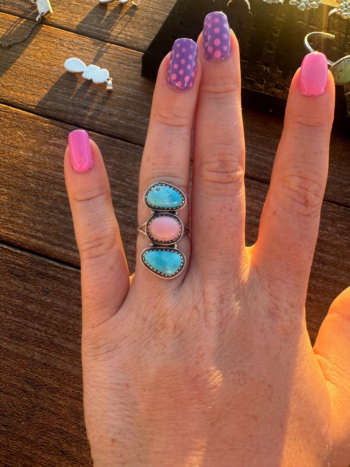 Sz 7 bluebird turquoise and pink opal ring