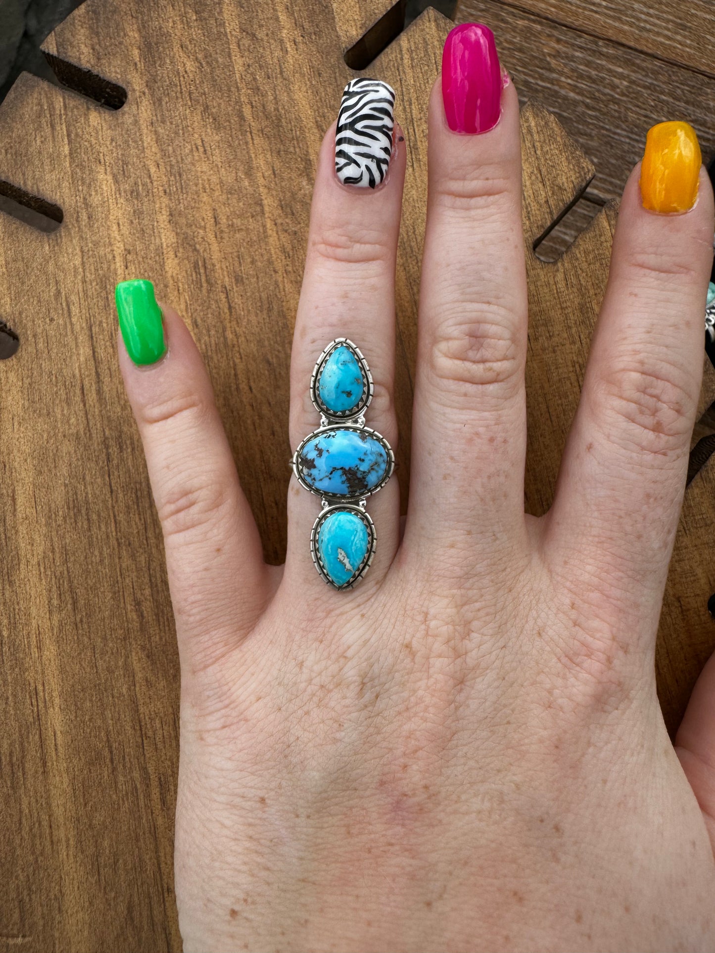 Sz 6 golden hills turquoise and whitewater 3 stone ring